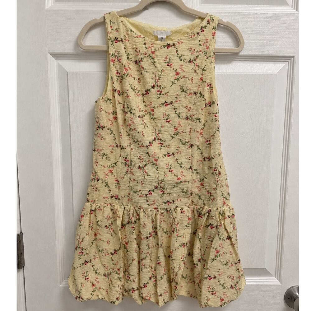 H&M Yellow Floral Drop Waist Mini Dress Size Medium